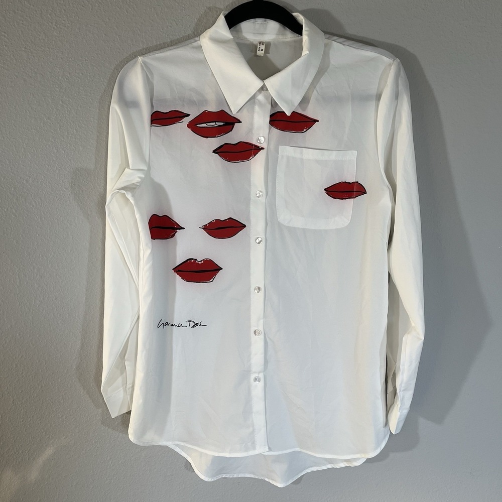 HTF Garance Dore X Zara 100% Cotton Blouse Kiss Lips Parisian Chic Sz Med Rare